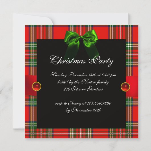 RED SCOTTISH TARTAN, GROENBOWS EN CHRISTMAS TREE KAART (Achterkant)