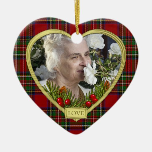 Red Scottish Tartan Memorial Hartfoto Kerst Keramisch Ornament (Voorkant)