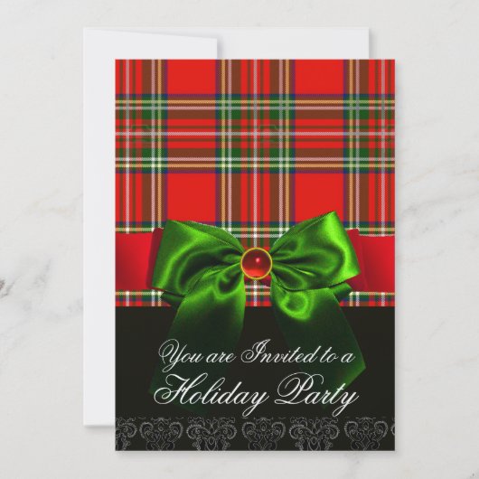RED SCOTTISH TARTAN MET GROENBOW CHRISTMAS PARTIJ KAART (Voorkant)