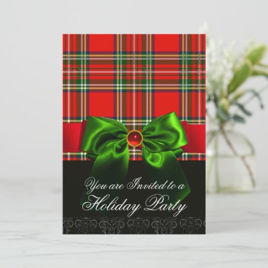 RED SCOTTISH TARTAN MET GROENBOW CHRISTMAS PARTIJ KAART (Staand voorkant)