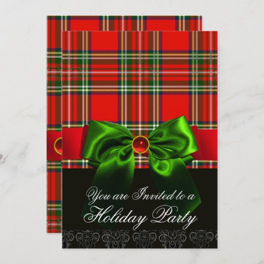 RED SCOTTISH TARTAN MET GROENBOW CHRISTMAS PARTIJ KAART (Voorkant / Achterkant)