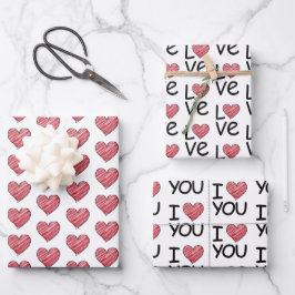 Red Scribble Heart and I Love You Script Pattern Inpakpapier Vel