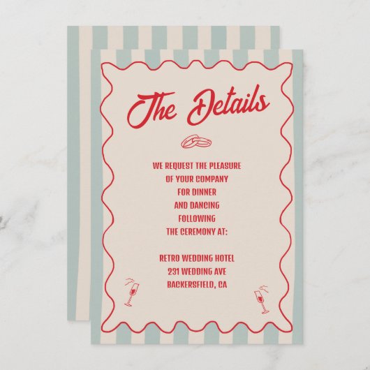 Red Script Blue Line QR Code Retro Wedding Details Informatiekaartje (Voorkant / Achterkant)