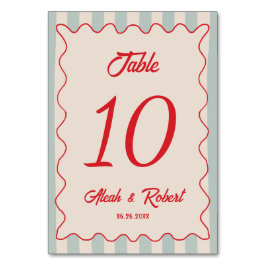 Red Script Blue Line Retro Wedding Table Number Kaart