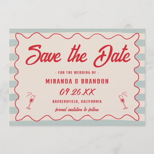 Red Script Blue Lines Retro QR Code Save the Date Kaart (Voorkant)