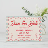 Red Script Blue Lines Retro QR Code Save the Date Kaart (Staand voorkant)