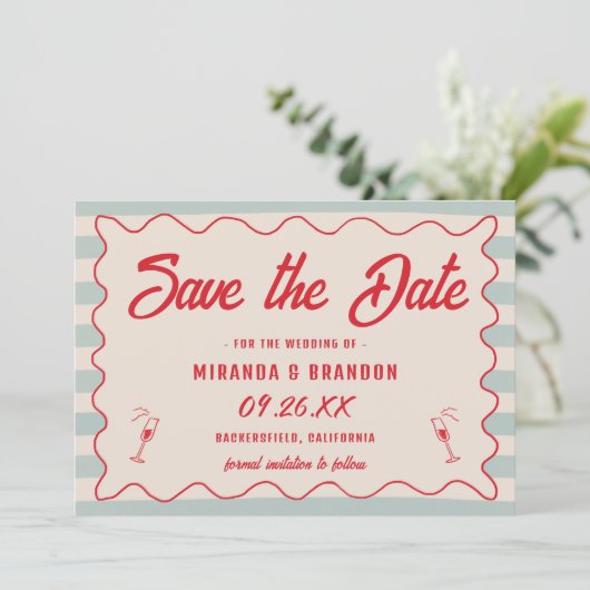 Red Script Blue Lines Retro QR Code Save the Date Kaart (Staand voorkant)