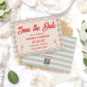 Red Script Blue Lines Retro QR Code Save the Date Kaart