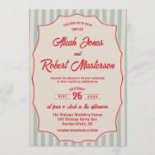 Red Script Blue Stripe Retro QR Code Photo Wedding Kaart (Voorkant)