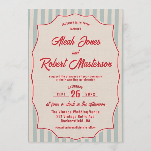 Red Script Blue Stripe Retro QR Code Photo Wedding Kaart (Voorkant)