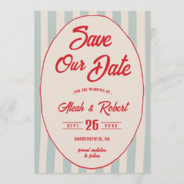 Red Script Blue Stripe Vintage Retro Save the Date Kaart
