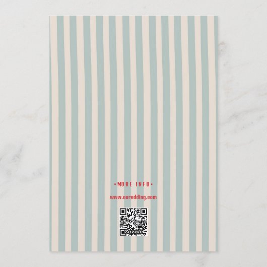 Red Script Blue Stripes QR Code Retro Wedding Kaart (Achterkant)