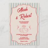 Red Script Blue Stripes QR Code Retro Wedding Kaart (Voorkant)