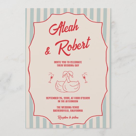 Red Script Blue Stripes QR Code Retro Wedding Kaart (Voorkant)