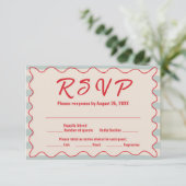 Red Script Blue Stripes QR Code Retro Wedding RSVP Kaartje (Staand voorkant)