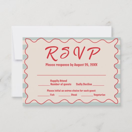 Red Script Blue Stripes QR Code Retro Wedding RSVP Kaartje (Voorkant)