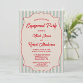 Red Script Blue Stripes Retro Photo Engagement Kaart (Staand voorkant)