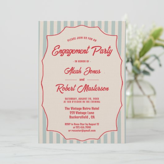 Red Script Blue Stripes Retro Photo Engagement Kaart (Staand voorkant)