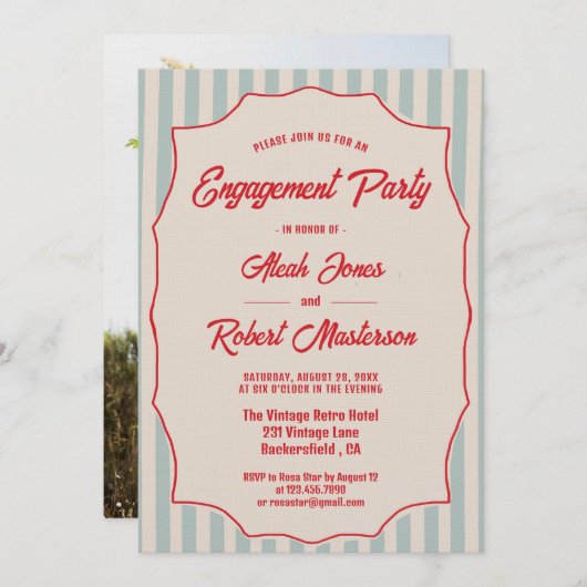Red Script Blue Stripes Retro Photo Engagement Kaart (Voorkant / Achterkant)