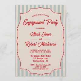Red Script Blue Stripes Retro Photo Engagement Kaart