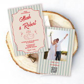 Red Script Blue Stripes Retro Photo Wedding Kaart