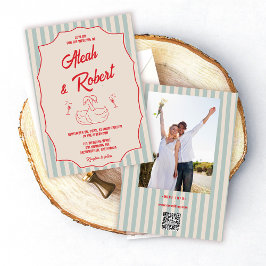 Red Script Blue Stripes Retro Photo Wedding Kaart