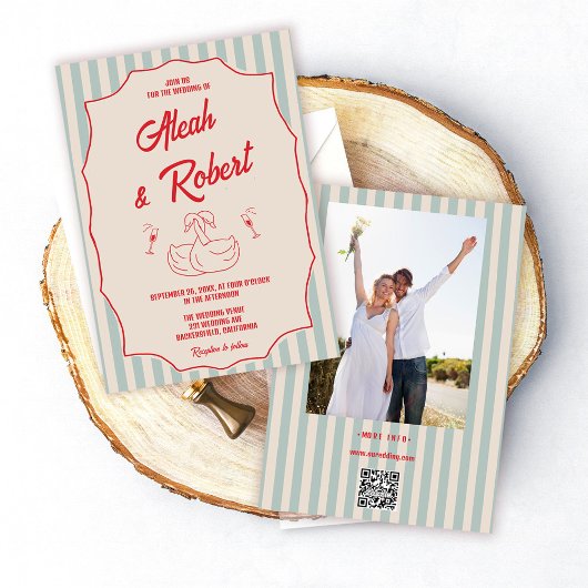 Red Script Blue Stripes Retro Photo Wedding Kaart