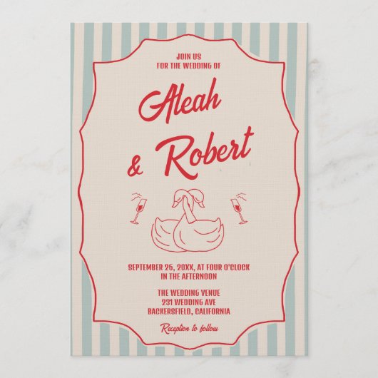 Red Script Blue Stripes Retro Photo Wedding Kaart (Voorkant)