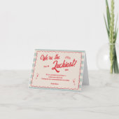 Red Script Blue Stripes Retro Wedding Bedankkaart (Voorkant)