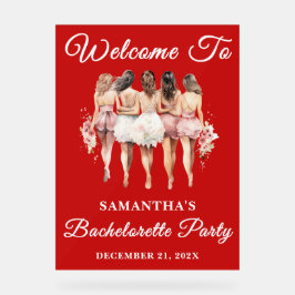 Red Script Christmas Bachelorette Party Welkom Acryl Bord