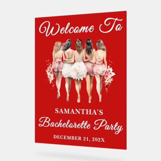 Red Script Christmas Bachelorette Party Welkom Acryl Bord (Hoek)
