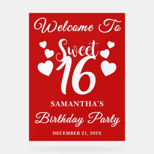 Red Script Christmas Sweet 16 Verjaardag Welkom Acryl Bord (Voorkant)