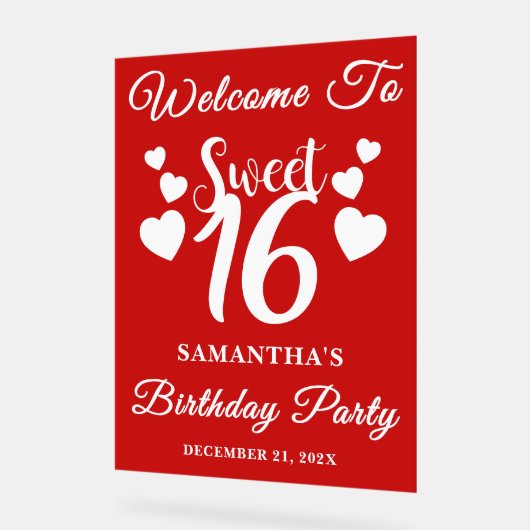 Red Script Christmas Sweet 16 Verjaardag Welkom Acryl Bord (Hoek)