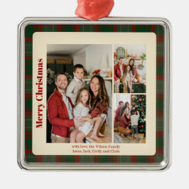 Red Script Classy Plaid 3 foto's Kerst Metalen Ornament