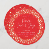Red Script Font Peace Love+Joy Sparing Lights Feestdagenkaart (Voorkant / Achterkant)