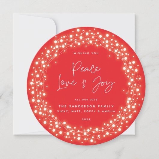 Red Script Font Peace Love+Joy Sparing Lights Feestdagenkaart (Voorkant)