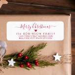 Red Script Heart Christmas Return-adreslabel Etiket<br><div class="desc">Elegante,  moderne rode en witte handgedrukte kerstfamilie retour adreslabels. Met een  handgeschreven kalligrafie swash-tail lettertypescript met gezegde "Merry Christmas",  een klein liefdeshartmotief. Geweldig voor de kerstvakantie,  gemakkelijk te personaliseren met uw namen en retour adres info.</div>