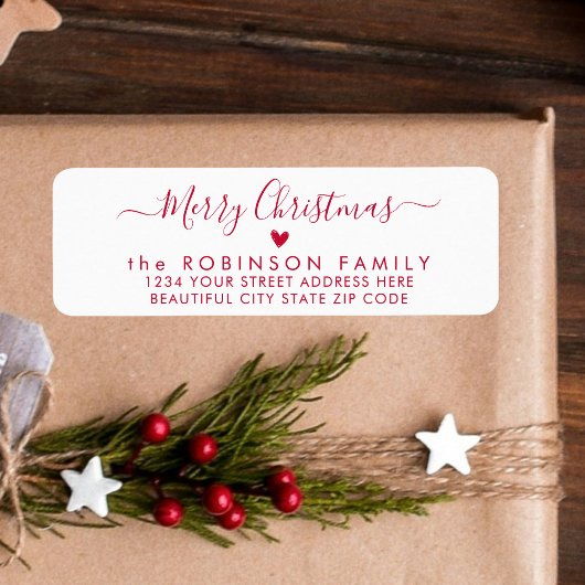 Red Script Heart Christmas Return-adreslabel Etiket