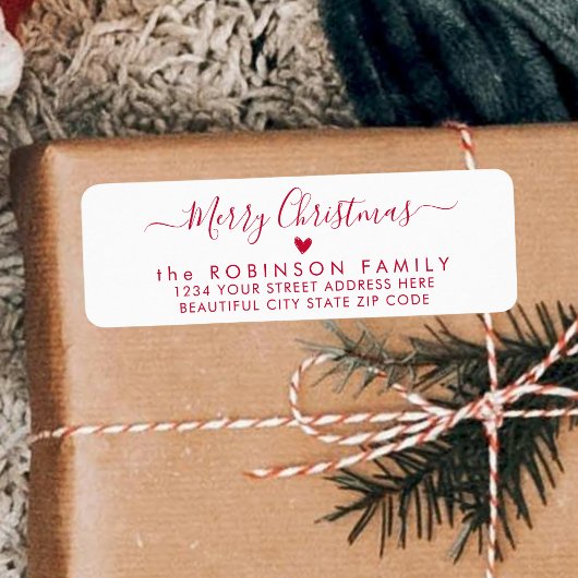 Red Script Heart Christmas Return-adreslabel Etiket