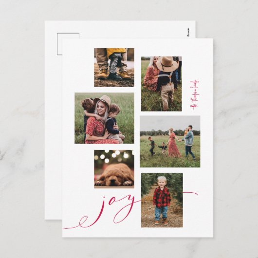 Red Script Joy Multi-Photo Holiday Briefkaart (Voorkant / Achterkant)