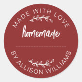 Red Script Made With Love Homemade Food Jar Ronde Sticker (Voorkant)