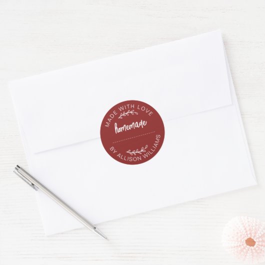 Red Script Made With Love Homemade Food Jar Ronde Sticker (Envelop)