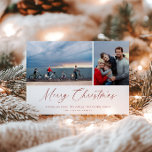 Red Script Merry Christmas-fotokaart Feestdagenkaart<br><div class="desc">Feestelijke Moderne Minimalistische,  rode kalligrafie script "Merry Christmas" met stevige rode rug,  2 foto kerstkaart.</div>