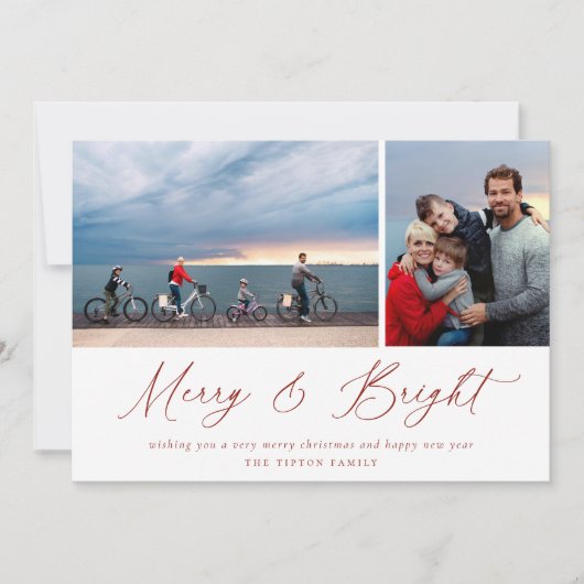Red Script Merry en Bright Photo Card Feestdagenkaart (Voorkant)