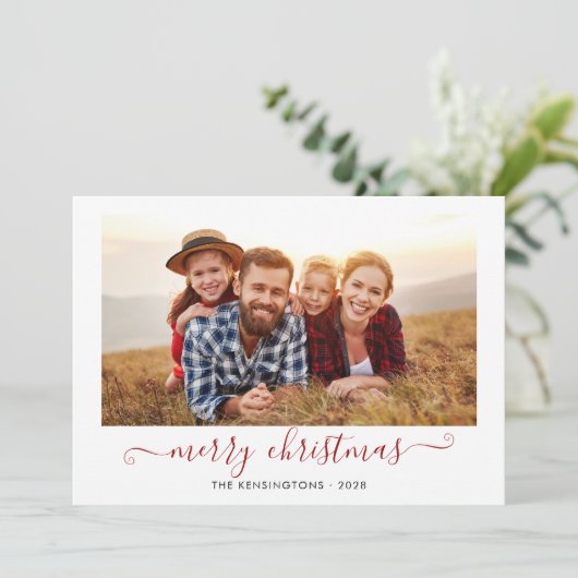 Red Script Merry kerstfeestdag foto Feestdagenkaart (Staand voorkant)