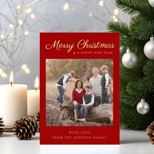 Red Script Photo Christmas Gold Foil Holiday Kaart