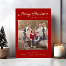 Red Script Photo Christmas Gold Foil Holiday Kaart