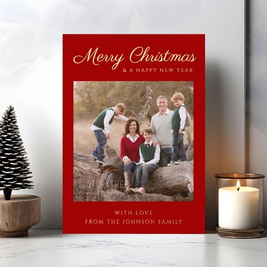 Red Script Photo Christmas Gold Foil Holiday Kaart