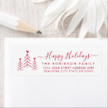 Red Script Pine Christmas Return-adreslabel Etiket<br><div class="desc">Elegant,  modern rood en wit handschrift met briefjes voor het retouradres van de kerstfamilie. Met een  handgeschreven script met gezegde "vrolijke kerstmis" in het swash-tail lettertype,  doen dennenbomen het rond met weinig hart. Geweldig voor kerstvakantie,  gemakkelijk om ze aan te passen met je namen en informatie over je retouradres.</div>