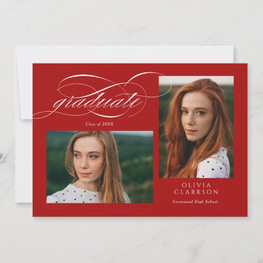 Red Script QR Code 3 Photo Graduation Party Kaart (Voorkant)